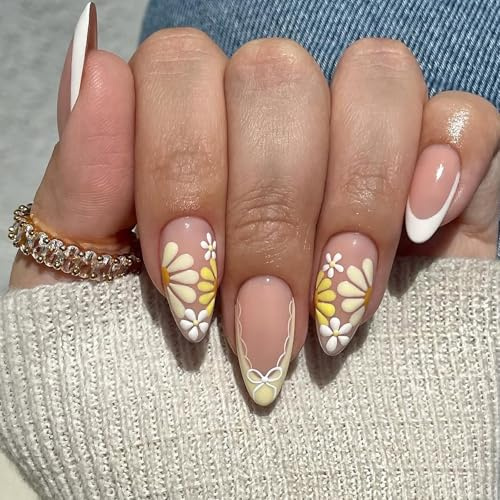 French Tip False Nails - 24PCs Short Almond Press on Nails with Cute Flower Design - Glossy White Tip Spring Fake Nails with Glue - Removable Almond Glue-on nails for Women Manicure