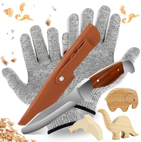 Zikenis Schnitzmesser Kinder ab 6 Jahre, Taschenmesser Kinder mit Messerscheide und Schnittfeste Handschuhe, Kindermesser, Kindermesser Schnitzset Schnitzwerkzeug Outdoor Messer