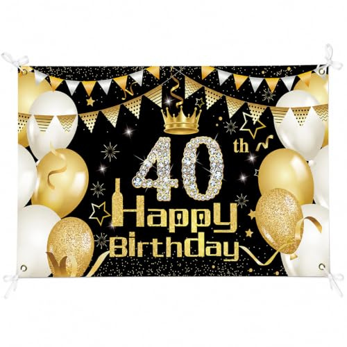 Decoracion de Fiesta de Oro Negro de 40 Cumpleaños,Banner de Fondo cumpleaños Oro Negro Cartel de Letrero de Tela Extra Grande Suministros de Fiesta de Feliz 40 Cumpleaños