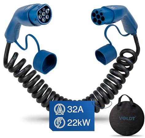 VOLDT Typ 2 Spiralladekabel 22 kW 32A, 3-Phasen für EV Elektrofahrzeuge PHEV, Typ 2 zu Typ2 Modus 3, kompatibel mit Tesla Model S/X/Y/3, ID.4, E-Tron, e-208, I4, IX1, Zoe, IP67 wasserdicht (5 Meter)