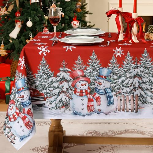 Softalker Christmas Table Cloth Rectangular 140x200 cm Wipe Clean Red Xmas Tablecloth Water Resistant Table Cover Snowflakes Snowman Washable Tablecloths for Party Dining Festival Home Decorations