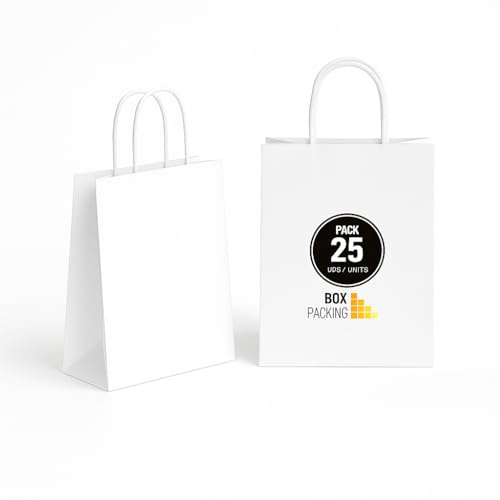 BOXPACKING | 25 Vita Papperspåsar med Handtag | Vit Papperspåse | 25 Påsar 24x18x8 cm | Papperssäckar Små | Vita Papperskassar för Gåvor, Fester och Födelsedagar | Presentpåsar Storpack | Kraftpåsar