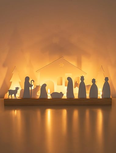 Nativity Scene Set for Christmas Indoor: Romadedi Wooden Crib Sets Candle Holder Decorations with Movable White Metal Nativity Figures for Table Centerpiece Xmas Living Room Home Decor (39*8*18.5cm）