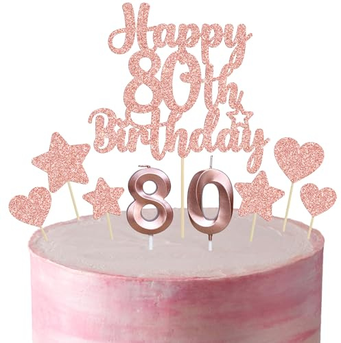 Gyufise 15Pcs Happy 80th Birthday Cake Topper Set with Heart Star Glitter Cheers to 80 Years Cake Picks Number 80 Candles Cake Decorations for Happy 80th Birthday Anniversary Party Supplies Rose Gold