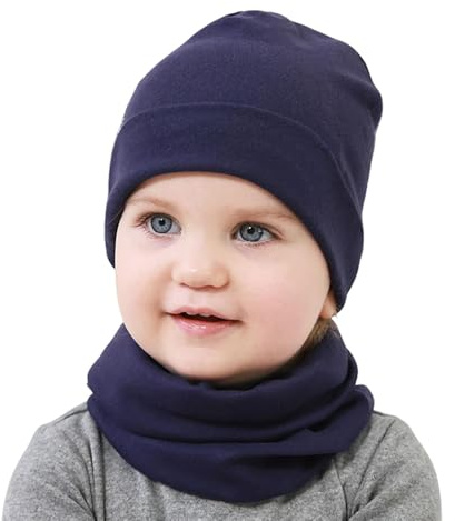 Yemlarey Kindermütze Schal Set Baumwolle Babymütze Mädchen Jungen Haube Warm Beanie Loop Schal Herbst Winter (Marineblau, L)