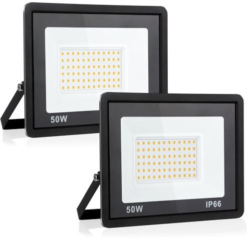 Fynokst 50W Faretto LED da Esterno, 5400LM Sovrilluminante Faro LED Esterno, 3000K Luce Bianca Calda, IP66 Waterpoof Faretti per Giardino, Garage, Campo sportivo, 2 Pezzi