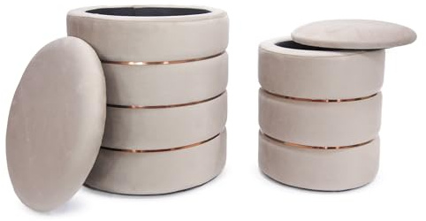 IlGruppone Set 2 Pouf Contenitori in Velluto – Pouf Arredo Moderni Impilabili, Poggiapiedi con Contenitore Salvaspazio, 4 Colori – Grande 37x41 cm, Medio 28x34 cm - Tortora