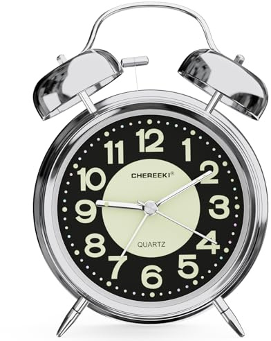 CHEREEKI Reloj Despertador Analógico, Sin Tictac Despertador Pilas Silencioso, Reloj Despertador Vintage Retro de Doble Campana Alarma Fuerte Ruidoso, con Luz Nocturna y Fluorescente Verde