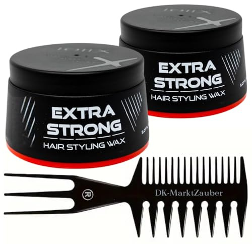 Haarstyling Wachs Extra Strong Rot 150 ml (2er Pack) mit Profi Styling-Kamm | Glänzender Look, Deep Blue Duft, extra starker Halt, leicht auswaschbar | Für Männer & Frauen