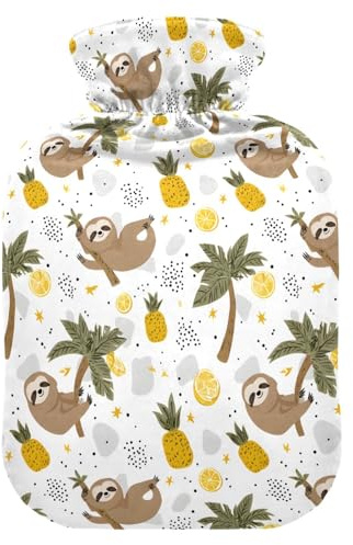 Wärmflasche, 1 l, kleiner Wärmbeutel mit weichem Plüsch-Wärmbezug, Faultier-Ananas, auslaufsicherer Schraubverschluss, ideal für Wintersport, Outdoor, Rücken, Nacken und Bein, kalte Muskelschmerzen