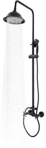 Ensemble de douche en acier inoxydable noir avec robinetterie - Douche à effet pluie traditionnelle avec support - Hauteur réglable - Système de douche mural - Pour salle de bain, hôtel, salle de