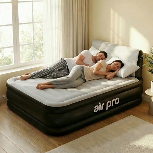 Air Pro Double Size Inflatable Air Mattress with Headboard Built-In Electric Pump Quick 3 Min Self Inflating Airbed for Adults & Guests, Blow Up Air Bed For Comfort at Home Or Camping 190x137x46cm