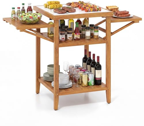 GOPLUS Mesa de Barbacoa Exterior de Madera de Acacia con Encimera de Imitación de Mármol