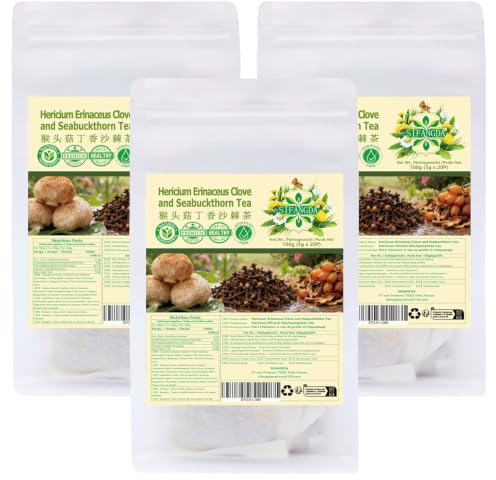 Lot de 3 sachets de tisane à l'hérice, clous de girofle et argousier, 100 g par sachet (20 sachets individuels de 5 g chacun), mélange de plantes pour infusion à la maison et au bureau