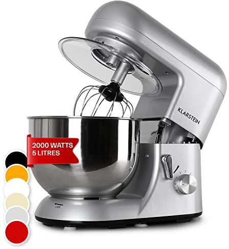 Klarstein Bella - Stand Mixer, Mixer, Food Mixer, 1300W, 5l Stainless Steel Bowl, 6 Speed, Range of Accessories, Keyless Chuck for Tool Holder, Easy to Operate - Silver