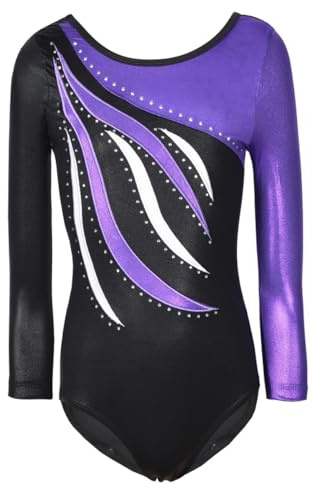 ESHOO Girls One-Piece Striped Gymnastics Ballet Leotards Shinning Diamond Embroidered (Purple Long Sleeve 5-6Y)