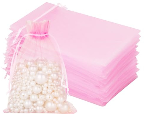 jijAcraft Groß Organzasäckchen 13 × 18CM, Rosa Organza Beutel, 100 Stück Organzasäckchen Geschenk, Organza Schmuckbeutel mit Kordelzug für Süßigkeiten, Geschenk
