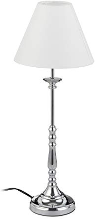 Relaxdays Tischlampe Vintage Dekolampe, silber/weiß | Stoff Lampenschirm, spiegelnd verchromt, E14, H x D 55 x 21 cm