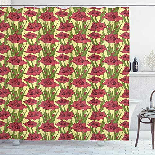 ABAKUHAUS Blume Duschvorhang, Gladiolen Muster, Stoffliches Gewebe Badezimmerdekorationsset mit Haken, 175 x 240 cm, Gelbe Koralle und Grün