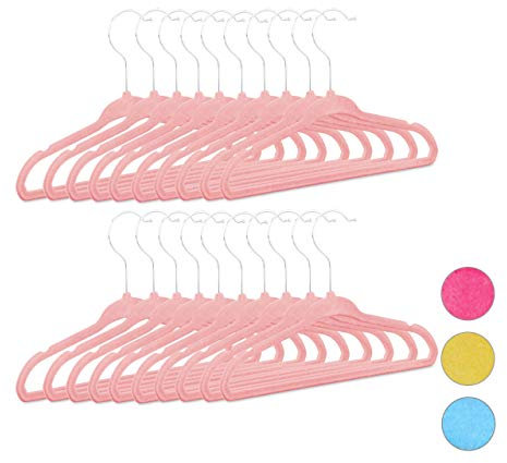 Relaxdays 20 x Kleiderbügel Kinder im Set, rutschfest, Kinderbügel Samtbezug, weiche Babybügel, 360° drehbare Haken, rosa