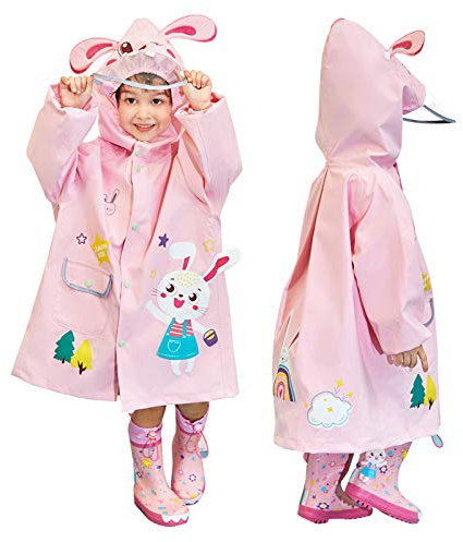 JinBei Regenponcho Kinder Regenjacke Mädchen Regenmantel 3D Hase Rosa Regen Leicht Slicker Cute Regencape Matschanzug Regenanzug Cartoon Regenbekleidung Reflektierender Streifen Schule 4-6 Jahre