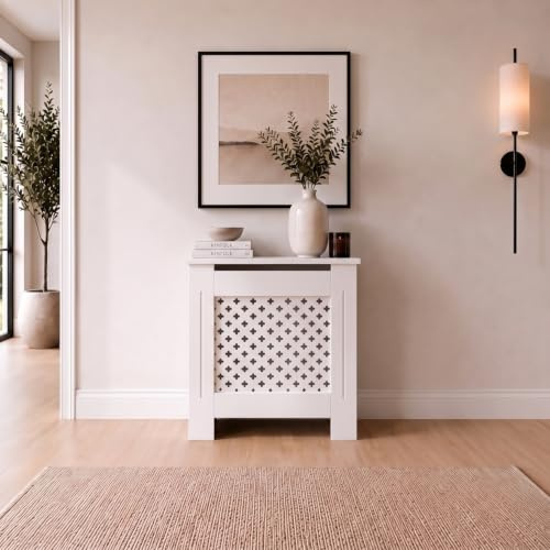 DuraTherm® Radiator Cover White Painted Traditional Cross Slat Shelves MDF Cabinet Shelf for Radiators, Living Rooms, Bedrooms, Small (W: 78cm / H: 81.5cm / D: 19cm)