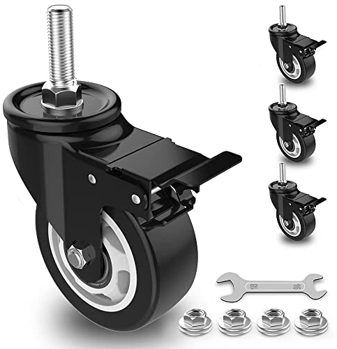 Lenkrollen 75 mm, Stielrollen mit doppelter Sicherheitsarretierung, robuste Transportrollen, aus Polyurethan-Gummibeschichtung, geräuschlose Möbelrollen mit Feststeller, 500 kg Gesamttragfäh