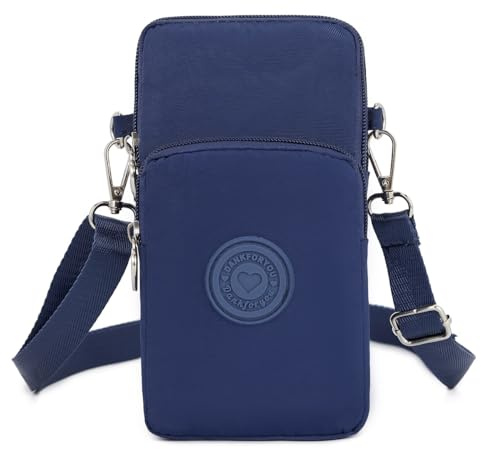 Dankforyou Handytasche zum Umhängen Damen, Crossbody mit 3 Fächern, Blau | Praktische Nylontasche mit 3 Reißverschlussfächern für Handy bis 6,6 Zoll - ideal für Gassi gehen, Konzert und Alltag.
