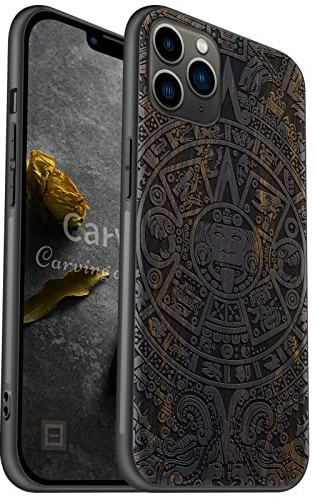 Carveit Coque Compatible avec iPhone 11 Pro Max Étui en Bois [Etui en Bois Rigide Antichoc avec Cadre en TPU] pour 11 Pro Max Case Coque de Protection (Bois Sombre-Calendrier Maya)