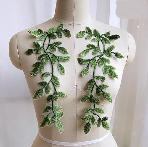 Yulakes 1 Paar Green Leaf Venise Lace Trim Green Leaves Aufnäher Appliqué Patches Trimmen Stickerei Vine Dekorative Patches für Kostüm Craft Projects