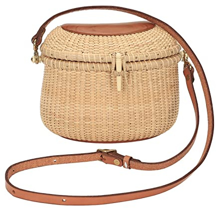 Teng Jin Nantucket Crescent Purse Basket Shoulder Leather Straps Natural Chic Hand Handwoven Purse Crossbody Rattan Bag
