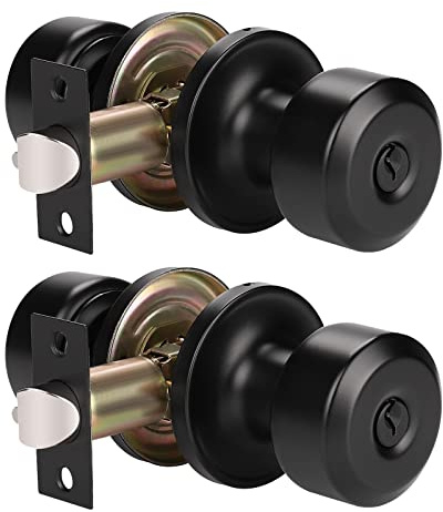 KNOBWELL Türknauf mit Schlüssel, für Eingangstür, Türschloss-Set für Vorder- oder Außentür, gleichschließend, runde Türknäufe mit Schloss und Schlüssel, mattschwarzes Finish, 2 Stück
