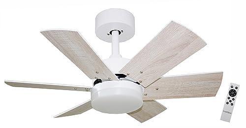 CALA BLANCA DC - Ventilador de techo con motor DC, mando a distancia, 75cm Ø, 6 aspas, Blanco/Roble, luz LED 3 tonos, chasis níquel