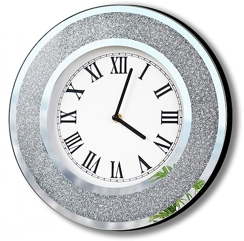 DMDFIRST Bling Silber Runde Spiegeluhr 12 Zoll Glam Sparkle Twinkle Shining Spiegelwanduhr für Wanddekoration Silber Glasspiegel Wohnkultur AA Batterie ist Nicht im Lieferumfang enthalten
