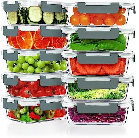 VERONES Lot de 10 boîtes à lunch en verre de 22 oz, ensemble de contenants hermétiques pour aliments avec couvercles, sans BPA, micro-ondes, four, réfrigérateur et lave-vaisselle sécuritaires, gris