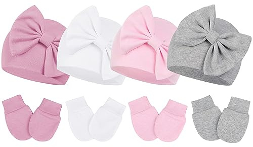 Durio Neugeborenes Babymütze und Handschuhe Set Knoten Beanie Hut Kratzfäustlinge Baby Jungen Mädchen 0-6 Monate