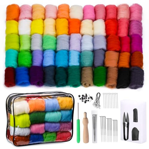 Reovin 55 Farben Nadelfilz Set, Filz Starterset Filzwolle Nadelfilzen Set | Trockenfilzen Starterset Nadelfilz Set mit Schaumstoffmatte und Aufbewahrungstasche Filzwolle Nadelfilz Werkzeu für Handwerk