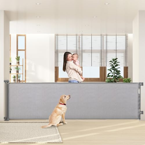 HollyHOME Puerta retráctil para escaleras de 300 cm, Extra Ancha, con una Sola Mano, Puerta de Seguridad para bebés y Mascotas, Interior y Exterior, Color Gris