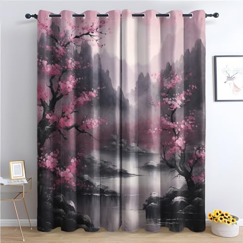Rideau Occultant Thermiques Fleur de Cerisier Japonais et Montagne - Lot de 2 Rideaux Imprimé pour Salon Chambre Fenetre Cuisine, Rideaux et Draperies Intérieurs à Oeillets, 117x183 cm (LxH)