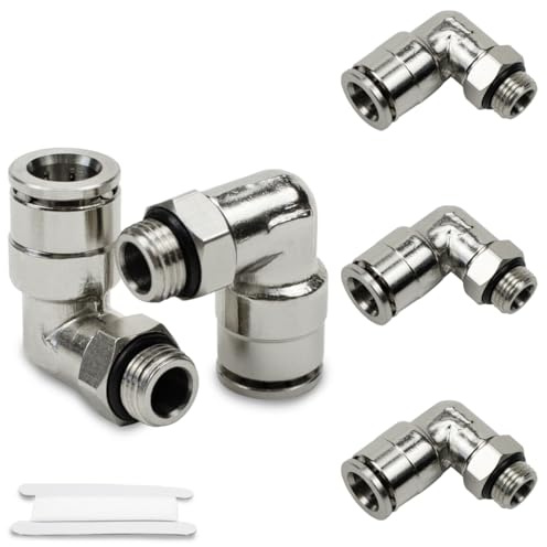 Bwintech 5 Stück 10mm Schlauch AD x 1/4 BSP-Außengewinde mit O-Ring-Winkelstück Vernickeltes Messing Push-to-Connect Pneumatische Push-Lock-Verschraubung