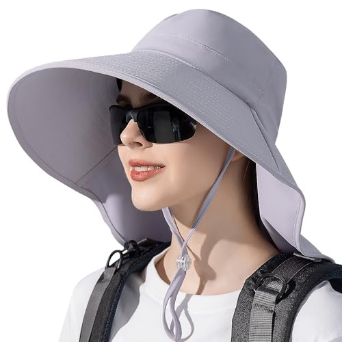 WANYI Sonnenhut Damen mit Nackenschutz Breite Krempe Sommer Sonnenschutz Hut Outdoor Wanderhut UV Schutz Fischerhut mit Pferdeschwanz-Loch für Angler, Garten, Sandstrand 55-60C（Grau）