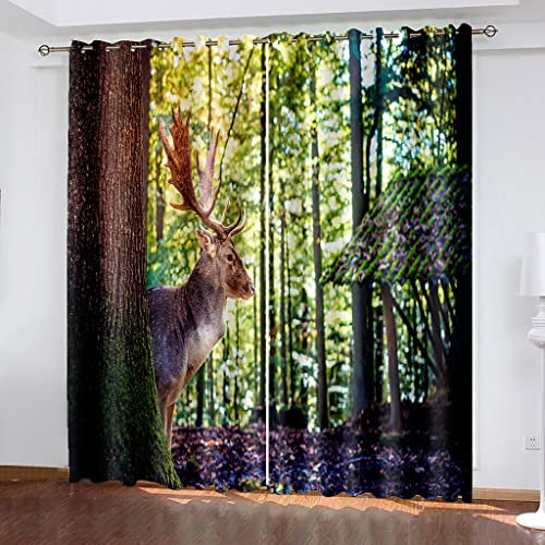 Vorhang Blickdicht Verdunkelungs Vorhänge Gardinen Wohnzimmer Schlafzimmer Kinderzimmer Mädchen Junge Thermovorhang Ösenvorhang 2Er Set 3D Druck Großes Baumtier Hirsch Dekoschals Fensterdekoration