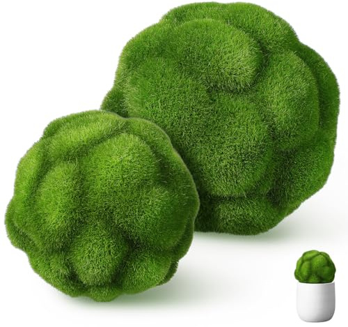 Cabilock 2Pcs Faux Green Moss Balls Decorative Artificial Plant Mossy Globes Topiary Ball for Vase Bowl Fillers, Home Centerpiece Decor, Wedding Decor, Table Arrangements, DIY Crafts, 10cm+12cm