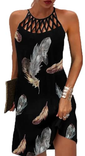 GRMLRPT Abito Donna Estivo Senza Maniche Boho Estate Vestito CortoStile Etnico Elegante Stampato retrò Abiti Collo Halter Tempo Libero Vestito Signore Abiti Spiaggia Donne(Nero-1,XXL)