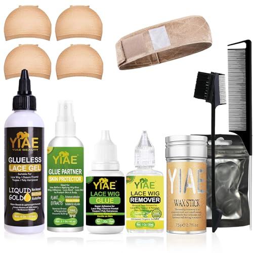 YIAE Kit Profesional Pegamento para Pelucas - Fijación Extrema, Gel Encajes Temporal, Incluye Disolvente, Protector Piel y Cera para el Pelo