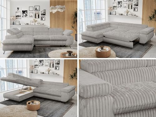 MKS MEBLE Ecksofa Wohnlandschaft L-Form mit Schlaffunktion und Bettkasten, Schlafsofa mit Bettkasten, Sofa mit Einstellbare Kopfstützen, Peter L - Cord - Links Hellgrau