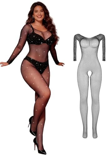 ohmydear Women's Rhinestone Fishnet Bodystocking, Plus Size XS-5XL