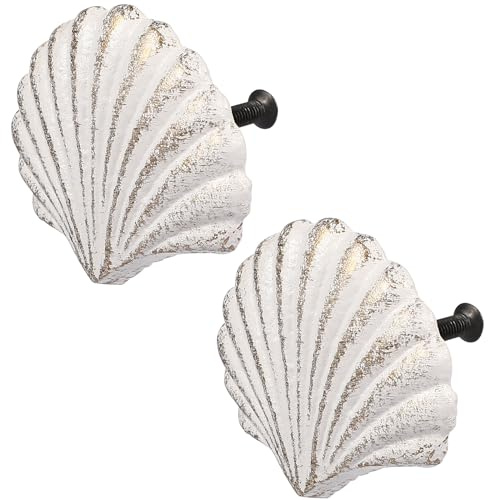 jojofuny 2pcs White Seashell Knobs Beach Themed Scallop Shells Handle Pulls Seashell Drawer Knobs Coastal Drawer Pull for Dresser Cabinet Cupboard Wardrobe Door