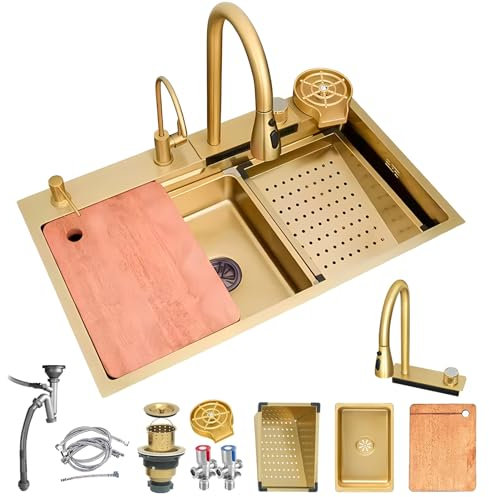 DSMRLEOP Diskbänk, Nano Waterfall Diskho, Hushållsvask Set, Grönsakshandfat Enkel diskho Workstation Svartgrå diskbänk med utdragbar kran, tvättmaskin med koppar under tryck(Gold,75CM/29.5_BASIC)