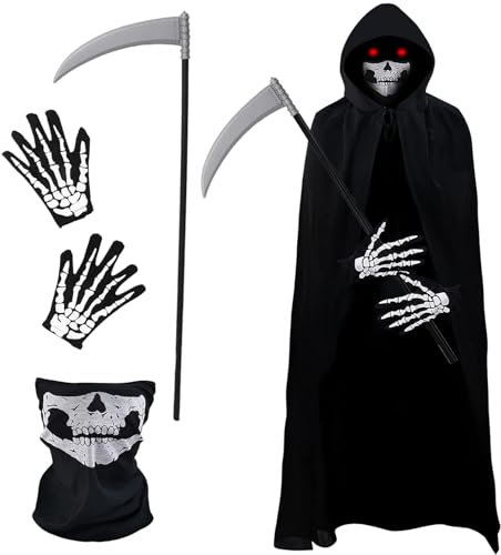 Moiuguli Sensenmann Kostüm, Halloween Sensenmann Umhang mit Kapuze, Halloween Kostüm Sensen-mann mit Sense Schädelmaske, Sensenmann Kostüm Herren Kinder für Hallo-ween Party, Cosplay, Karneval